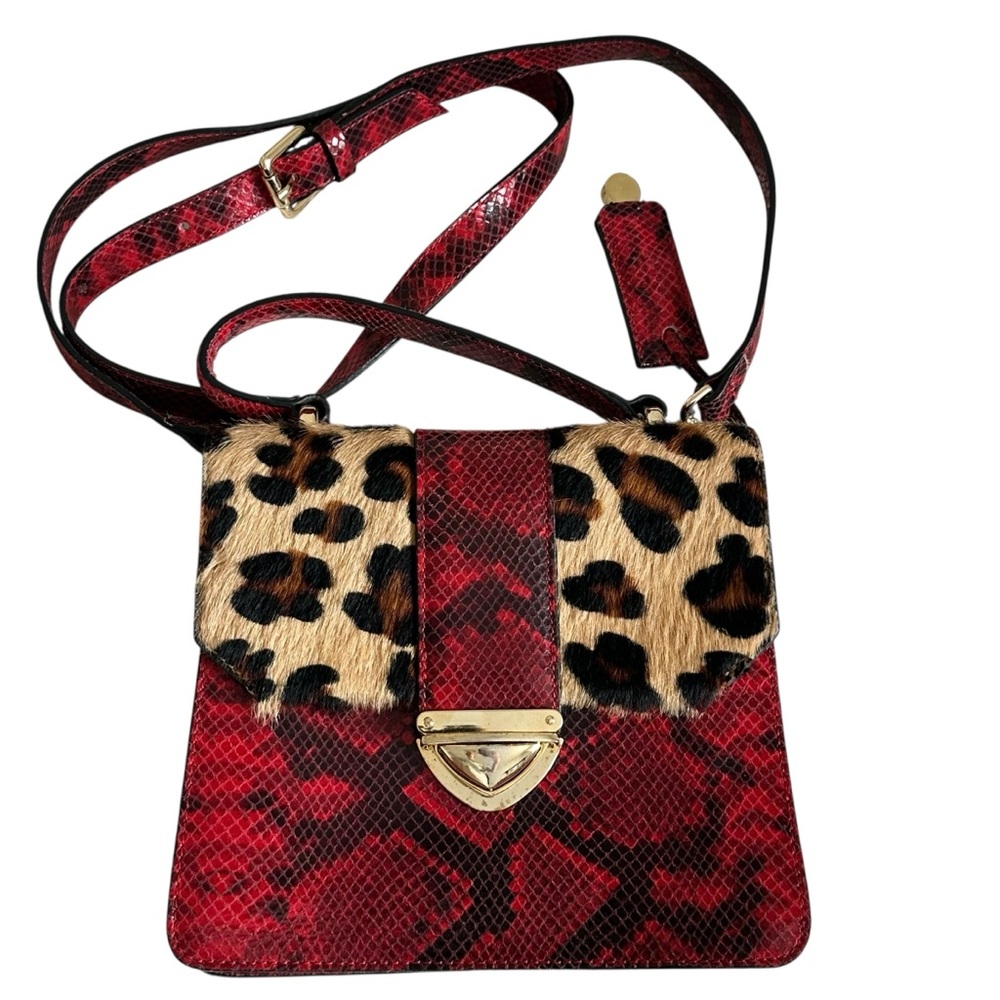 Vittoria Napoli Leather Red and Leopard Print Crossbody Bag